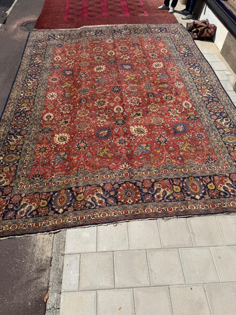 Antiek Tabriz tapijt–465362cm–rood veld met Perzische bloem, 200 cm of meer, Ophalen of Verzenden, Zo goed als nieuw, 200 cm of meer