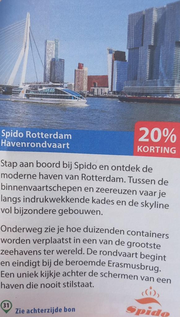 Spido Rotterdam Havenrondvaart 20% korting 5 personen, Drie personen of meer, Kortingskaart
