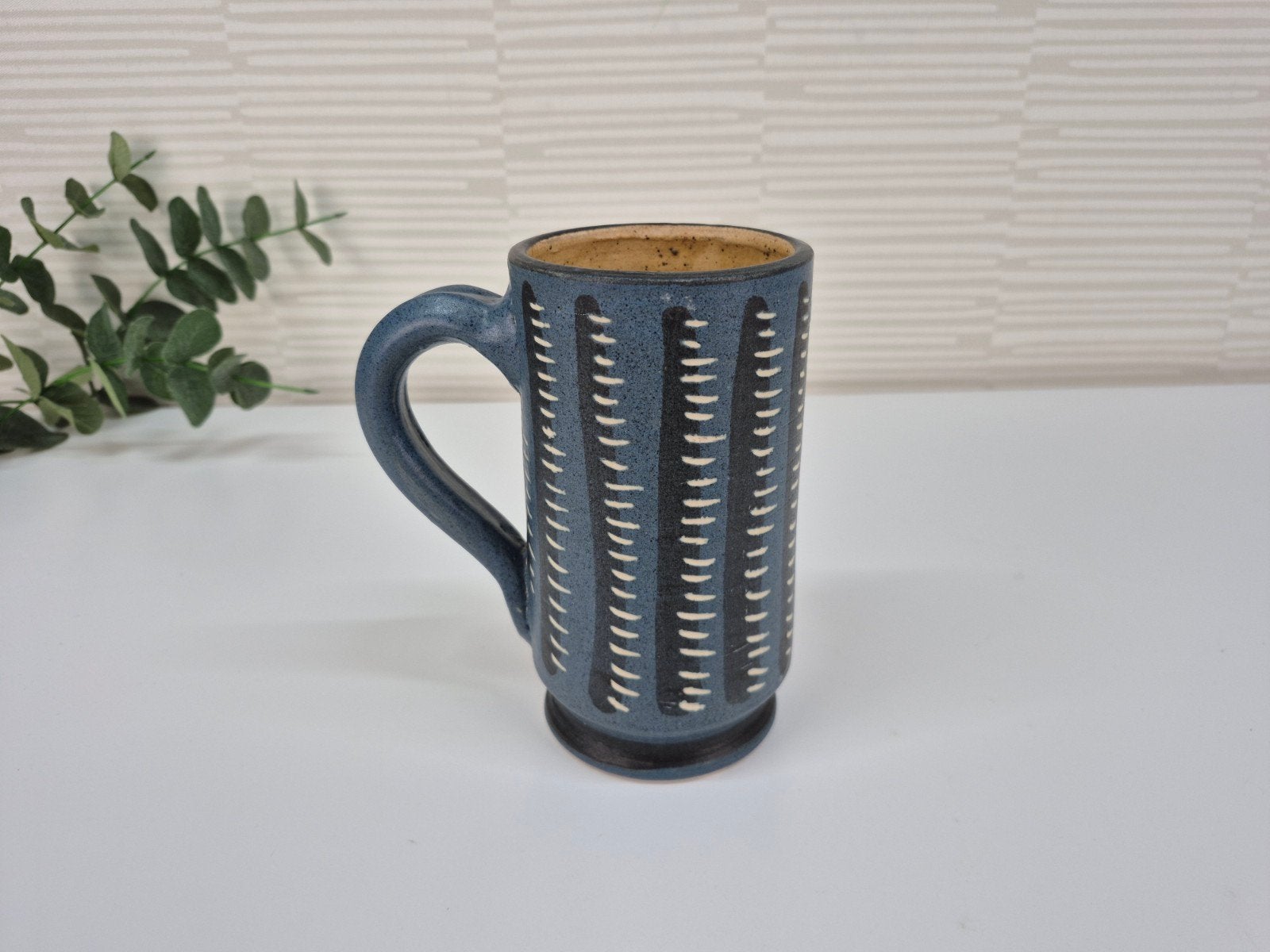 Grote 'mok' aardewerk. Vintage vaas blauw met patroon., Ophalen of Verzenden