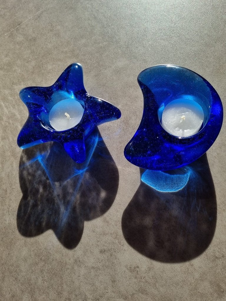 Vintage theelichthouders | maan & ster | kobaltblauw glas, Blauw, Waxinelichthouder, Ophalen of Verzenden, Glas