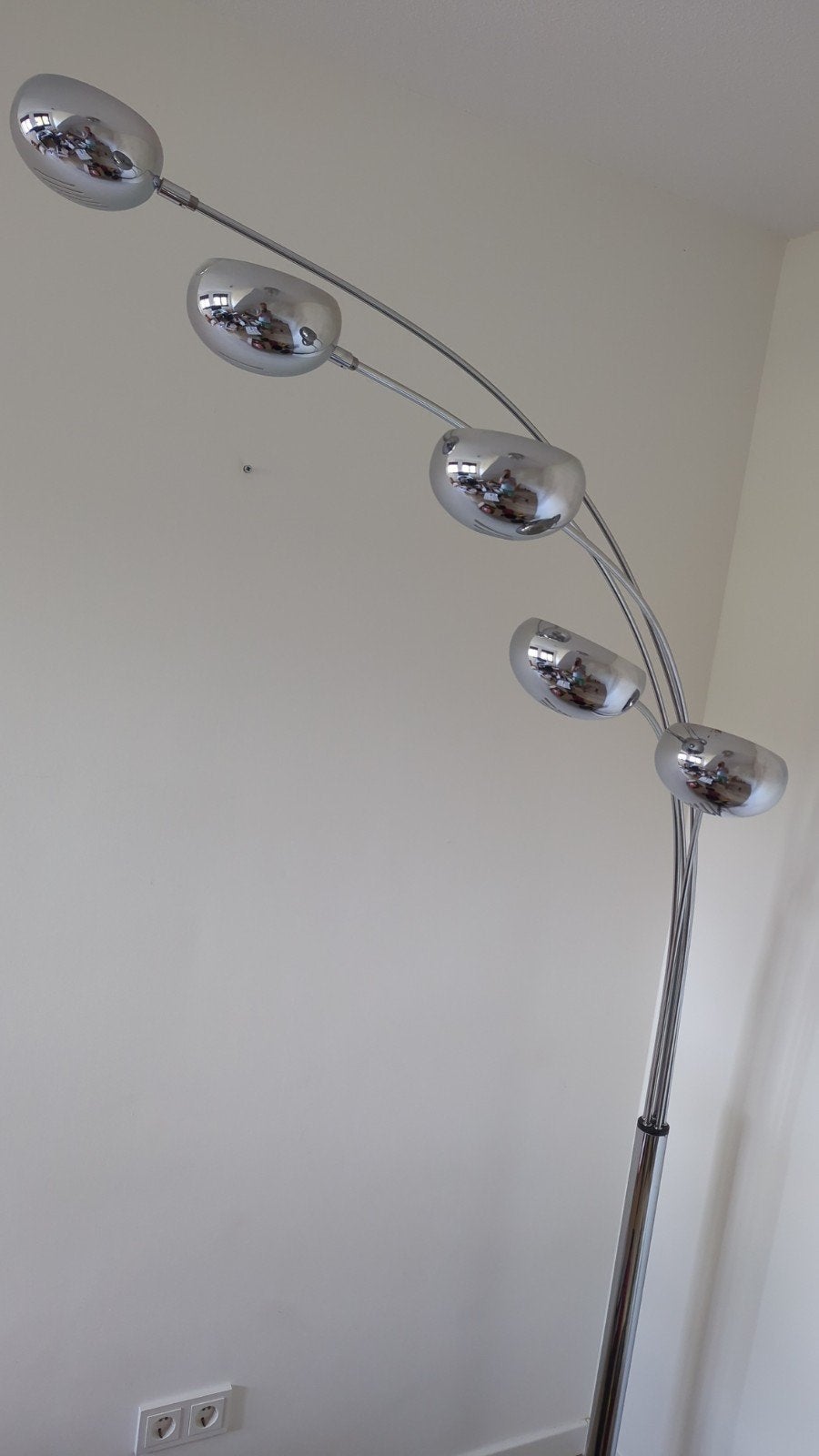 Moderne booglamp met 5 chromen bollen, 200 cm of meer, Ophalen of Verzenden, Zo goed als nieuw, Metaal