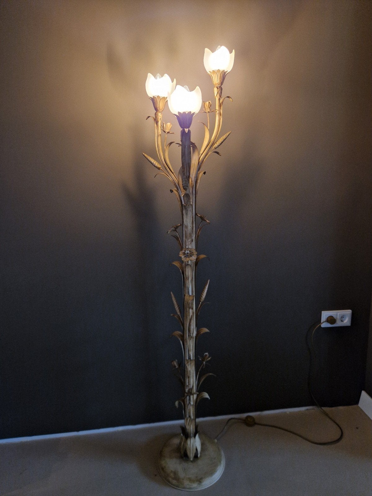 Vintage Bloemen Vloerlamp - Uniek Design, Gebruikt, Vintage, Art Deco, Botanisch, E14 (klein), Ophalen of Verzenden