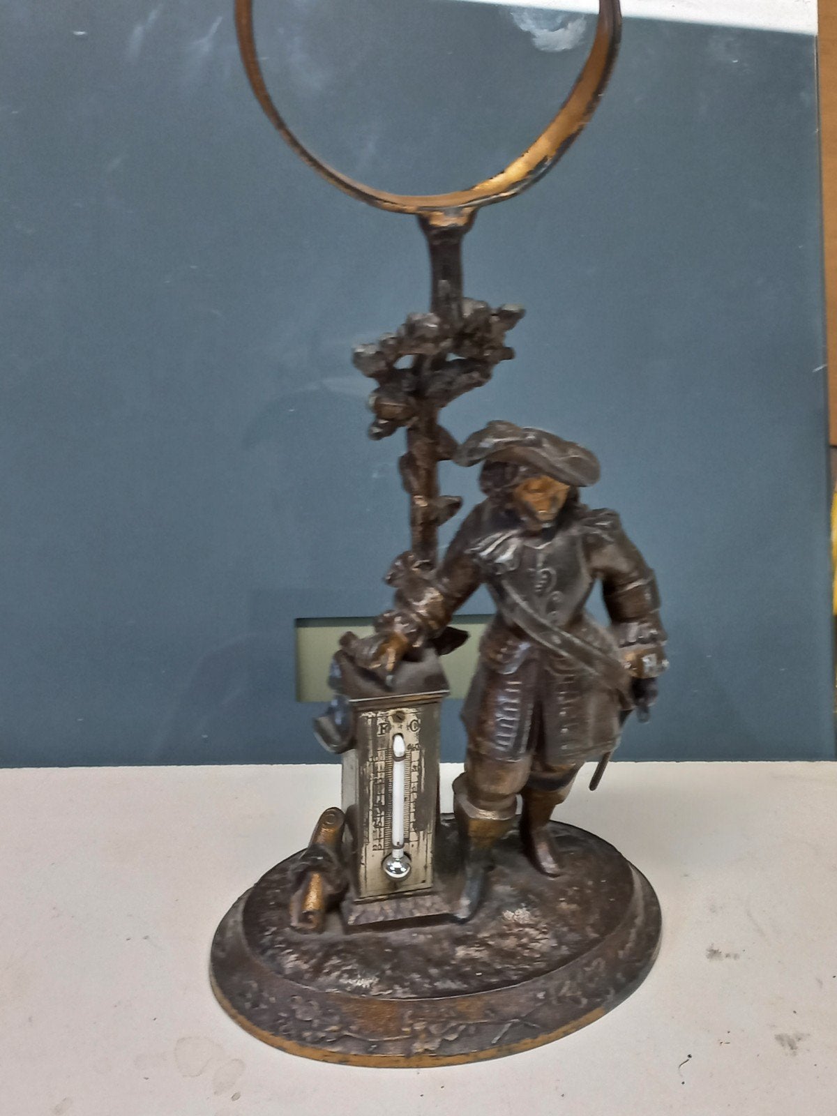 Antieke bronzen figuur met thermometer - Cavalier, Ophalen of Verzenden