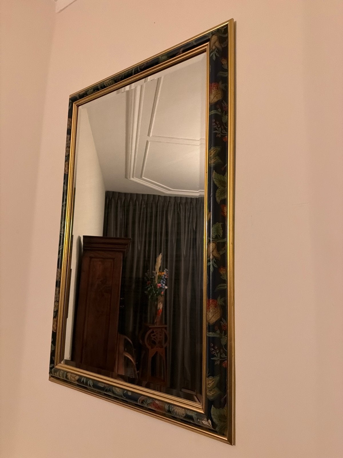Decoratieve spiegel lmet bloemenrand en gouden accenten, Ophalen, Rechthoekig, 50 tot 100 cm, 100 tot 150 cm