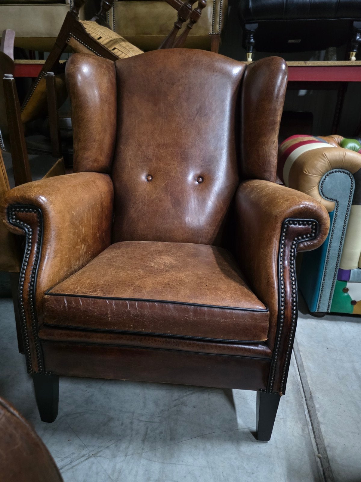 Vintage schapenleren LA Chesterfield Fauteuil - Bruin, Gebruikt, Chesterfield, Klassiek, Vintage, Onbekend, Ophalen of Verzenden