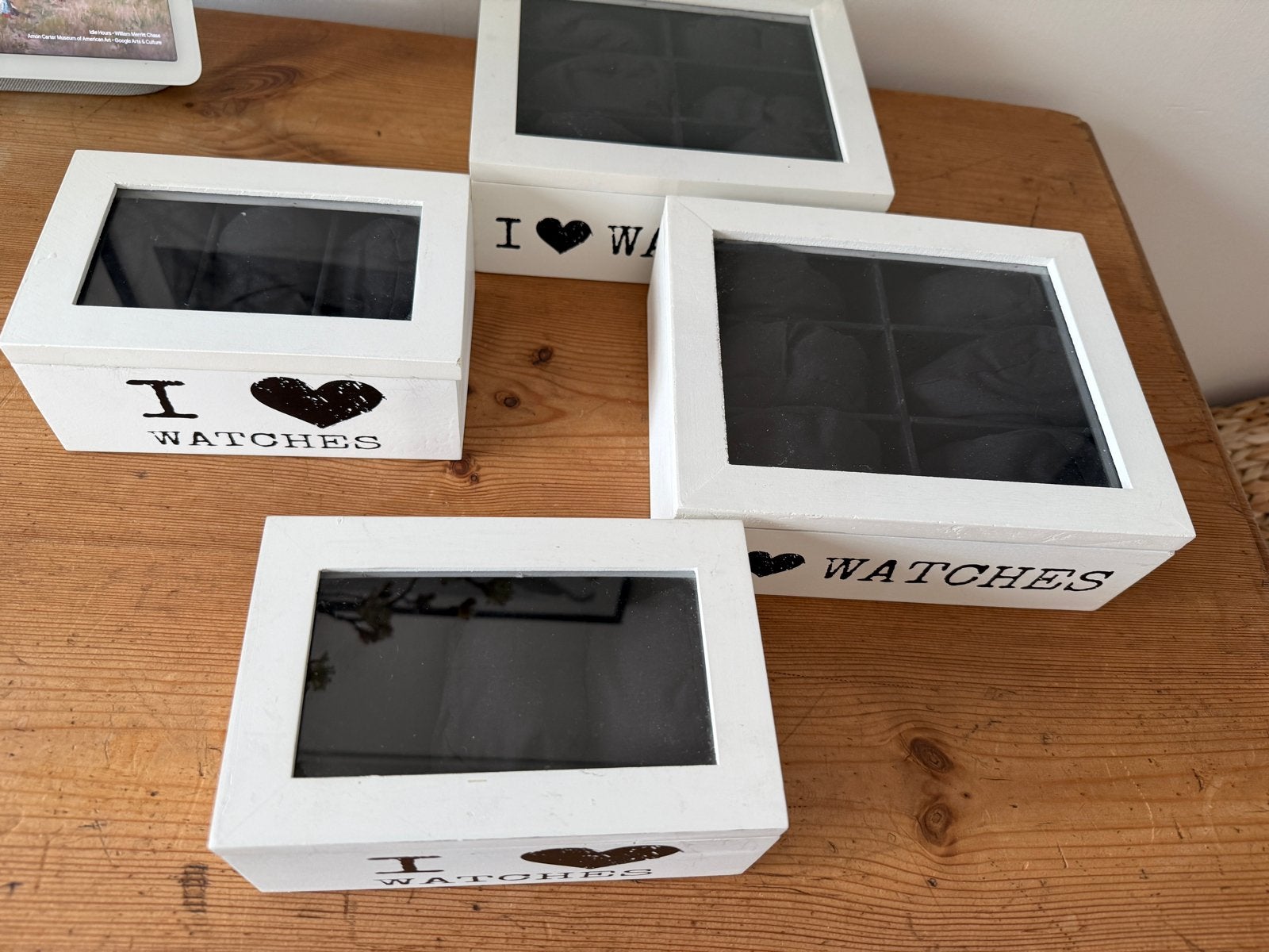 Set van 4 houten horlogedozen met doorzichtig deksel, Ophalen of Verzenden, Gebruikt