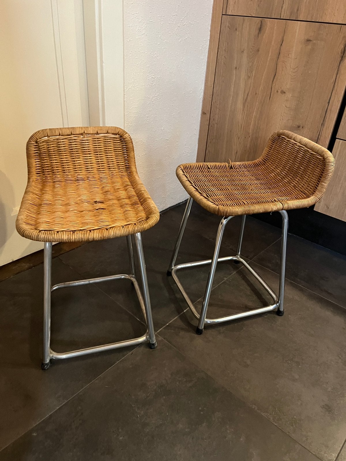 Vintage Dirk Van Sliedrecht Retro Stoeltjes Space Age Rattan, Ophalen, Zo goed als nieuw, Bruin, Twee