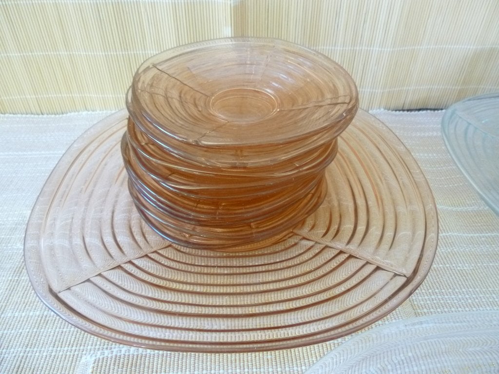 vintage rose glas gebakstel , tsjechisch glas, ronde hoeken, Ophalen of Verzenden