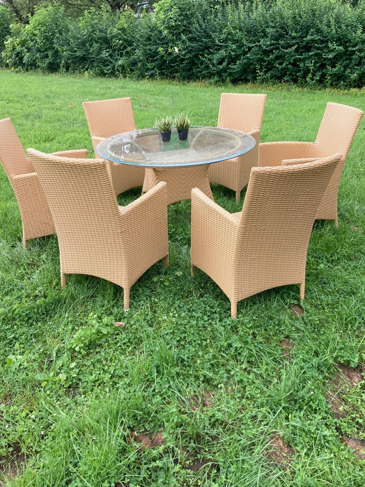 Wicker tuinset met glazen tafel en 6 stoelen, Ophalen, 4 zitplaatsen, Gebruikt, Wicker