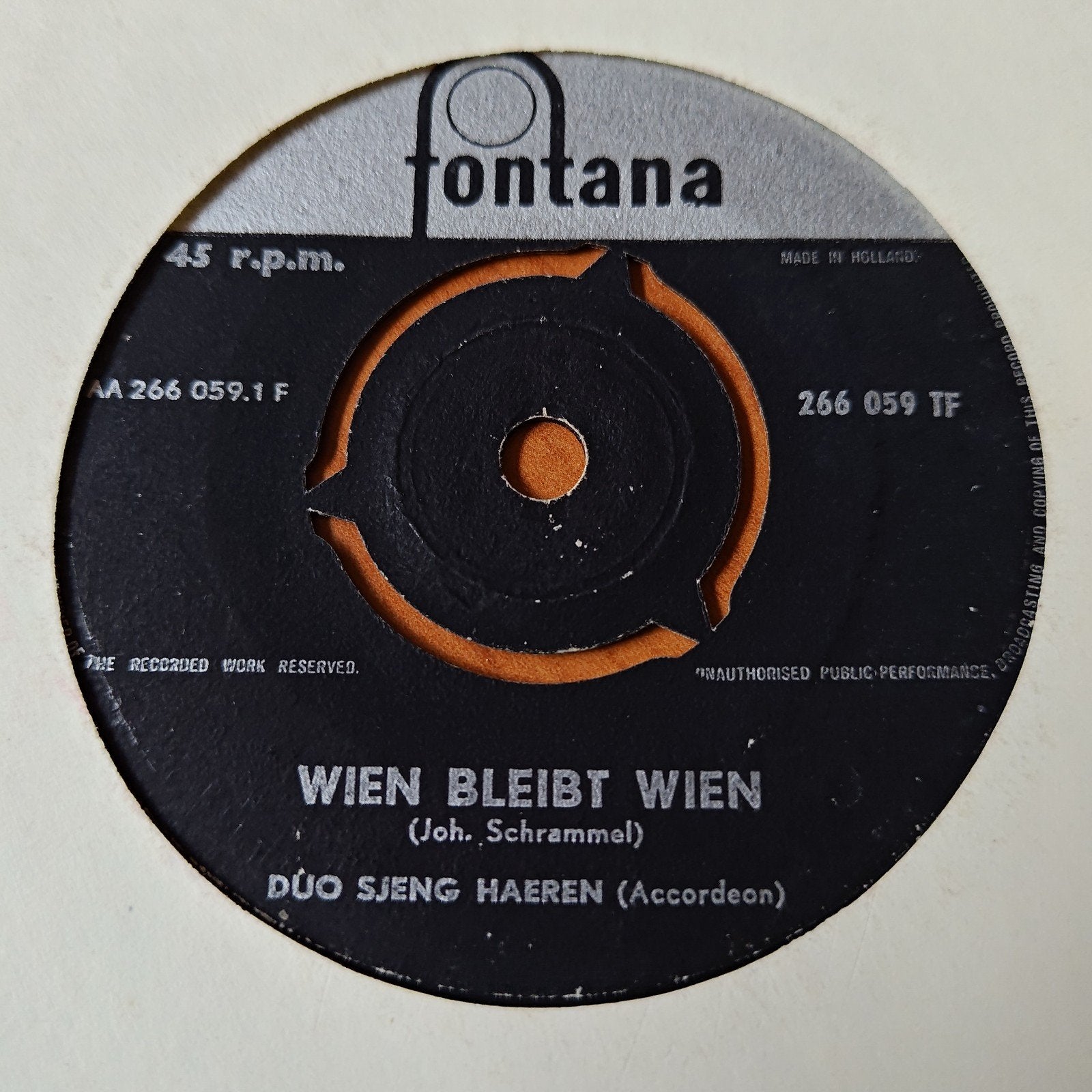 Duo Sjeng Haeren - Wien Bleibt Wien (Accordeon) 45 toeren, Gebruikt, Overige genres, 7 inch, Ophalen of Verzenden