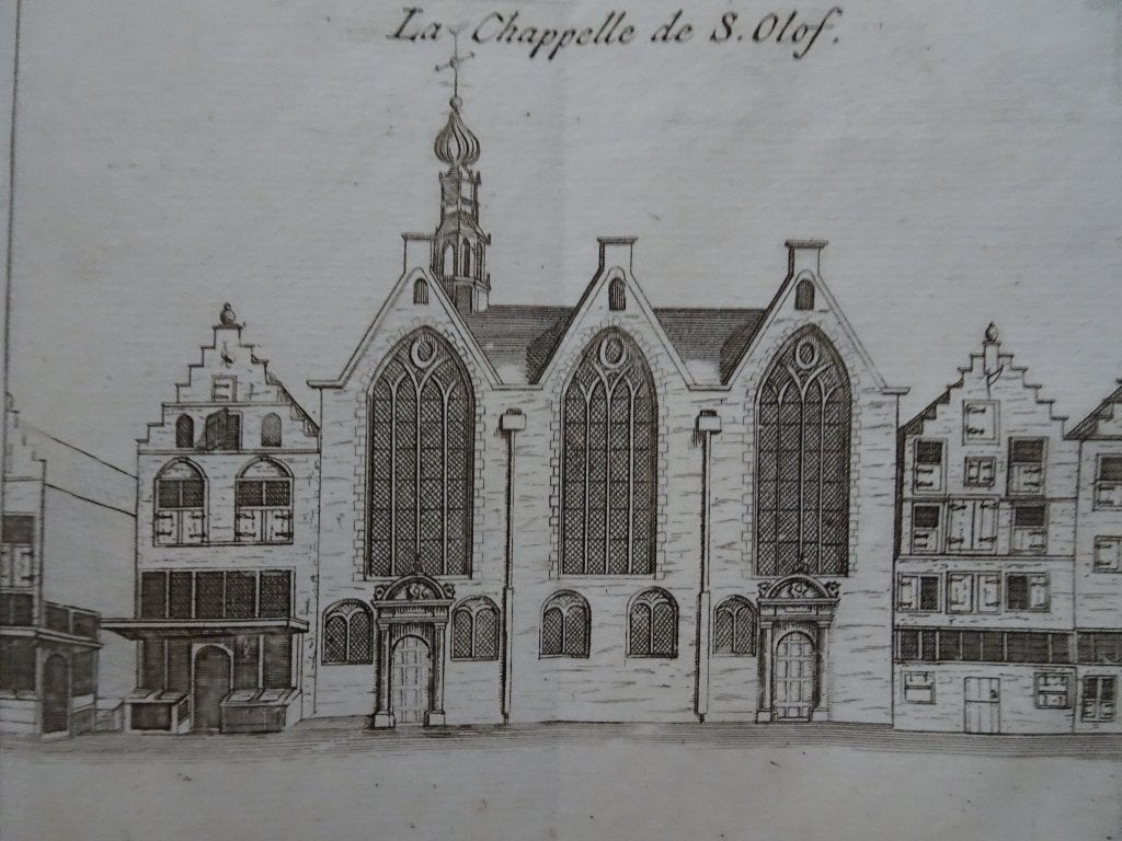 Gravures 2 stuks Olofskapel Nieuwe kapel Amsterdam, 1720, Verzenden, Architectuur, Origineel, Gravure