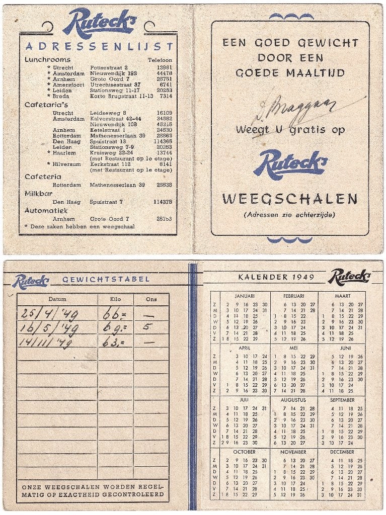 Ruteck's Weegkaart 1949 Weegschaal Reclame Rutecks, Verzenden, Gebruikt, Overige typen