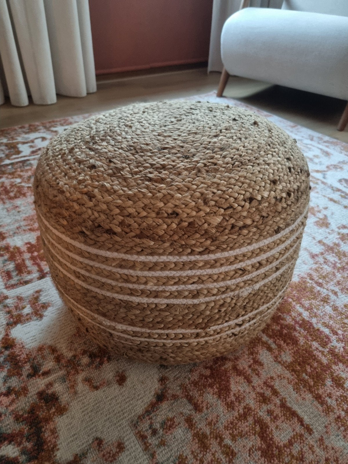 Jute poef/hocker met wit accent, Overige materialen, Gebruikt, Bohemian, Natuurlijk, Scandinavisch, Ophalen of Verzenden