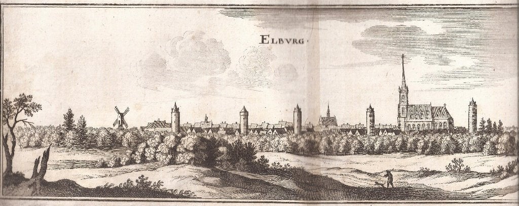 Elburg. 'Elbvrg' Kopergravure 1659 Merian, Antiek en Kunst, 34 cm, Stadsgezicht, Gravure, 11 cm