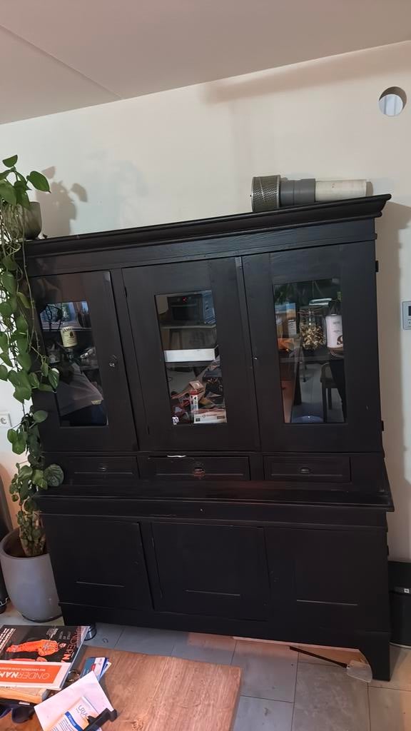 Eiken massief zwart houten buffet kast, Met deur(en), 200 cm of meer, 150 tot 200 cm, Eikenhout