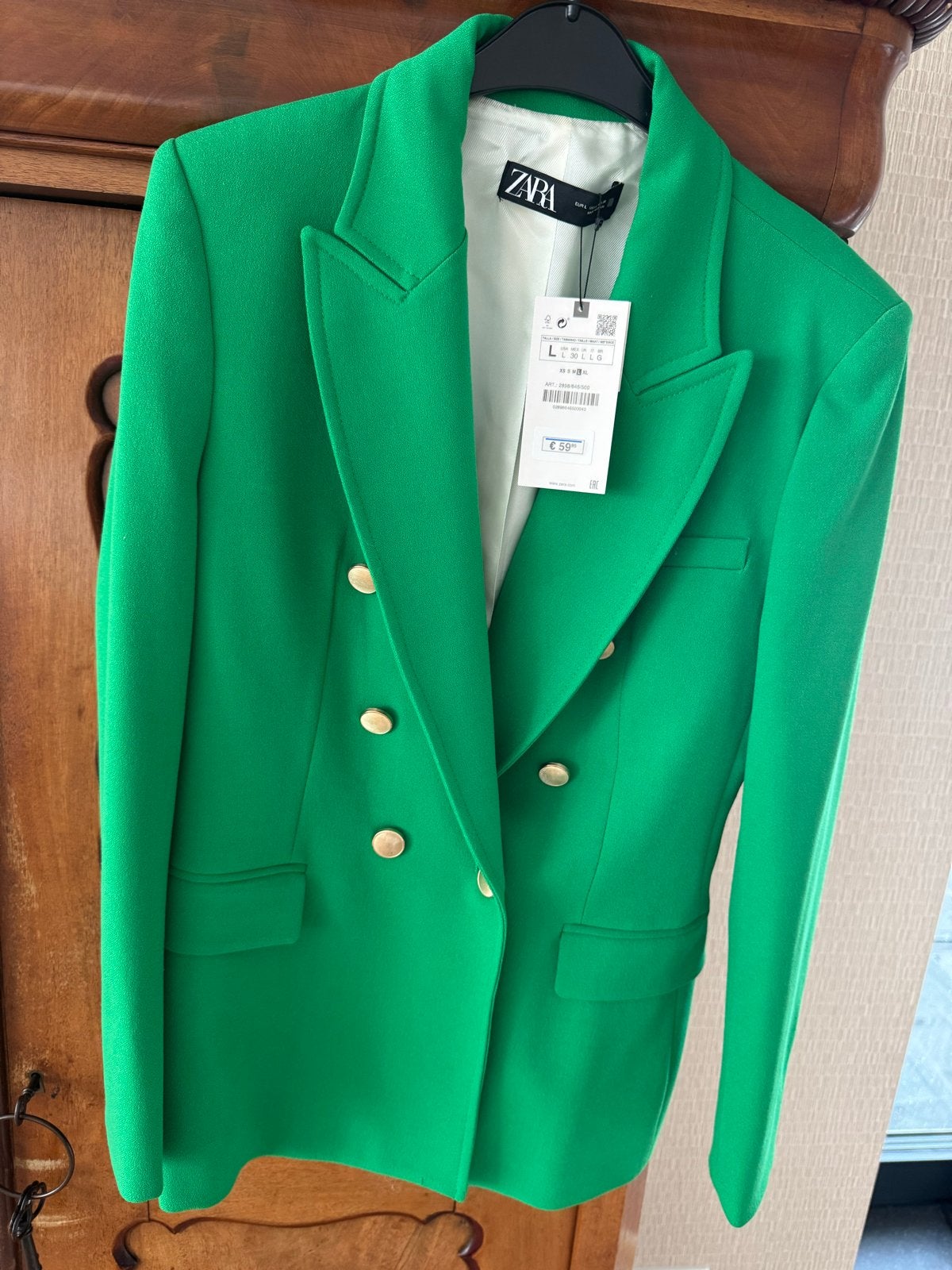 Zara Groene Double-Breasted Blazer Maat L, Ophalen, Maat 42/44 (L), Nieuw, Jasje