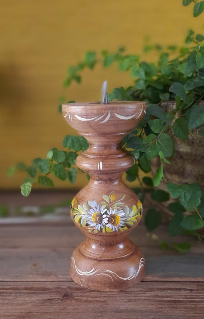 Houten Kandelaar met Handgeschilderde Bloemen, Ophalen of Verzenden, Hout