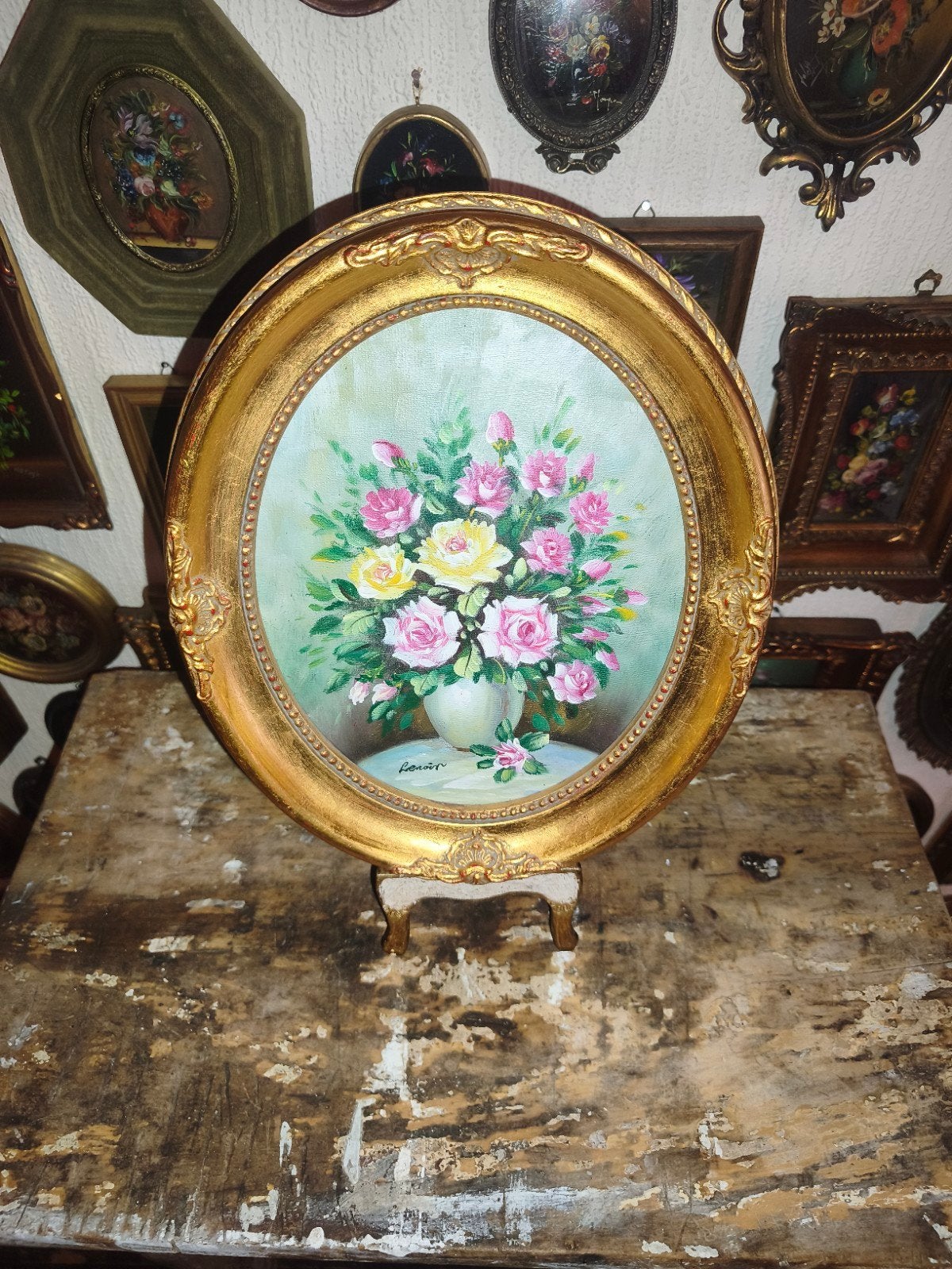 oud schilderijtje schilderij lijst stilleven bloemen Y6, Ophalen of Verzenden