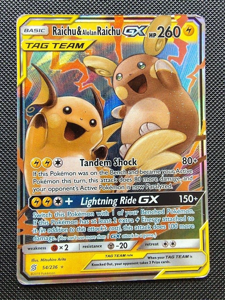 Pokémon Kaart Raichu & Alolan Raichu GX 54/236, Ophalen of Verzenden, Gebruikt, Losse kaart