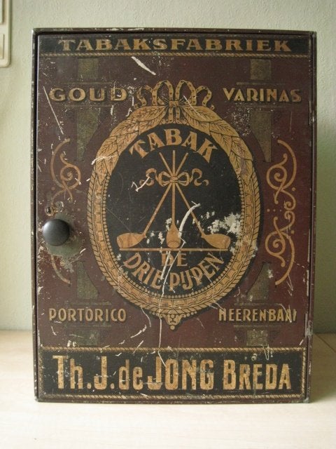 De Jong Tabak De Drie Pijpen Bekkers blik 1900, Ophalen, Gebruikt, Overige