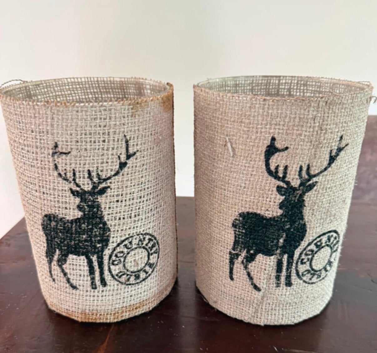 2 Windlichten met hertenprint - Glas en jute, Huis en Inrichting, Woonaccessoires | Kandelaars en Kaarsen, Windlicht, Gebruikt
