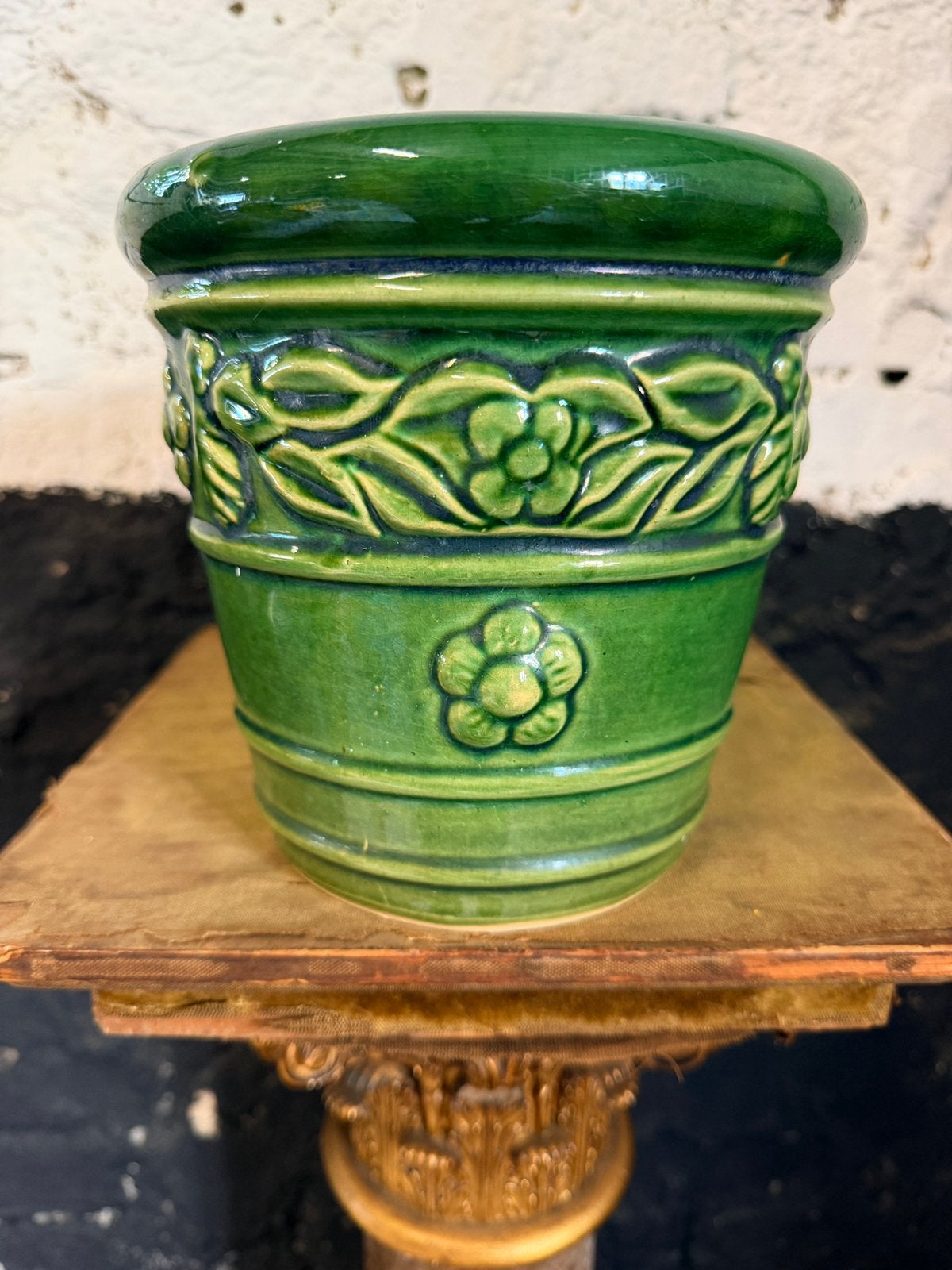 Vintage Majolica bloempot groen glazuur, Tuin en Terras, Gebruikt, Rond, Binnen, Ophalen of Verzenden