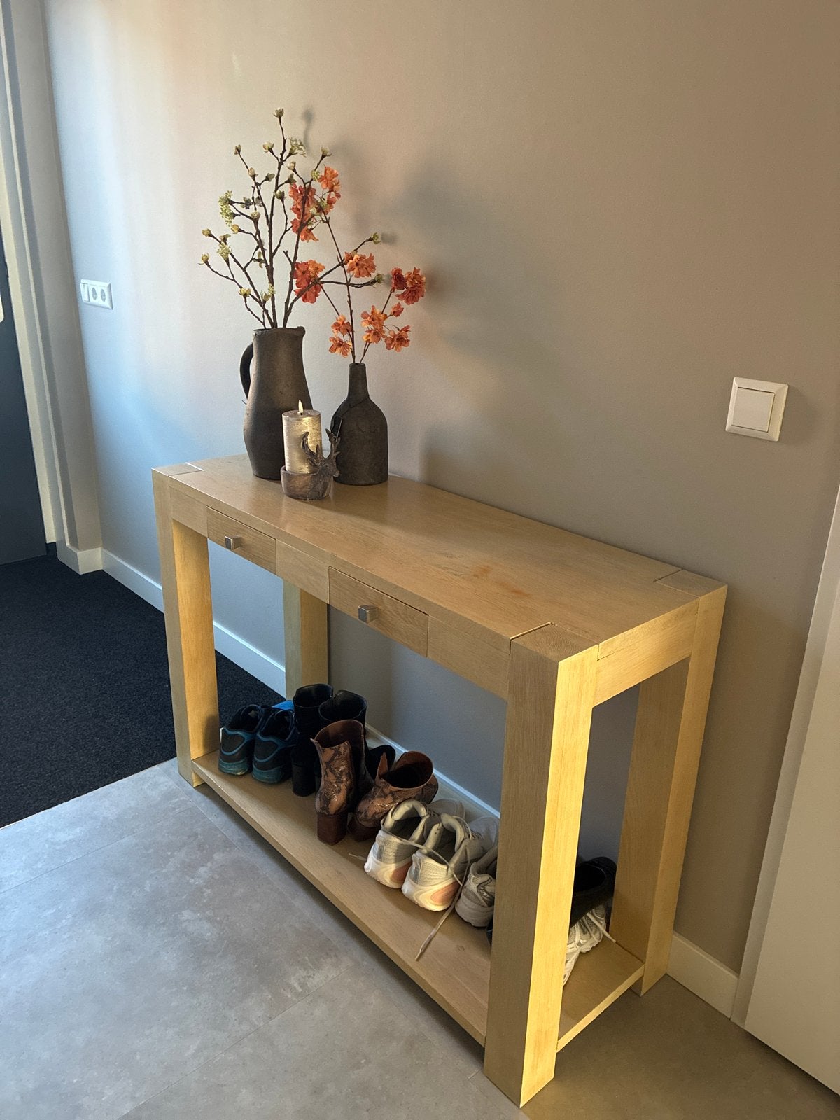 Masief eiken sidetable/haltafel met lades - 114x40x78 cm, Huis en Inrichting, Tafels | Sidetables, Ophalen, Gebruikt, 100 tot 150 cm