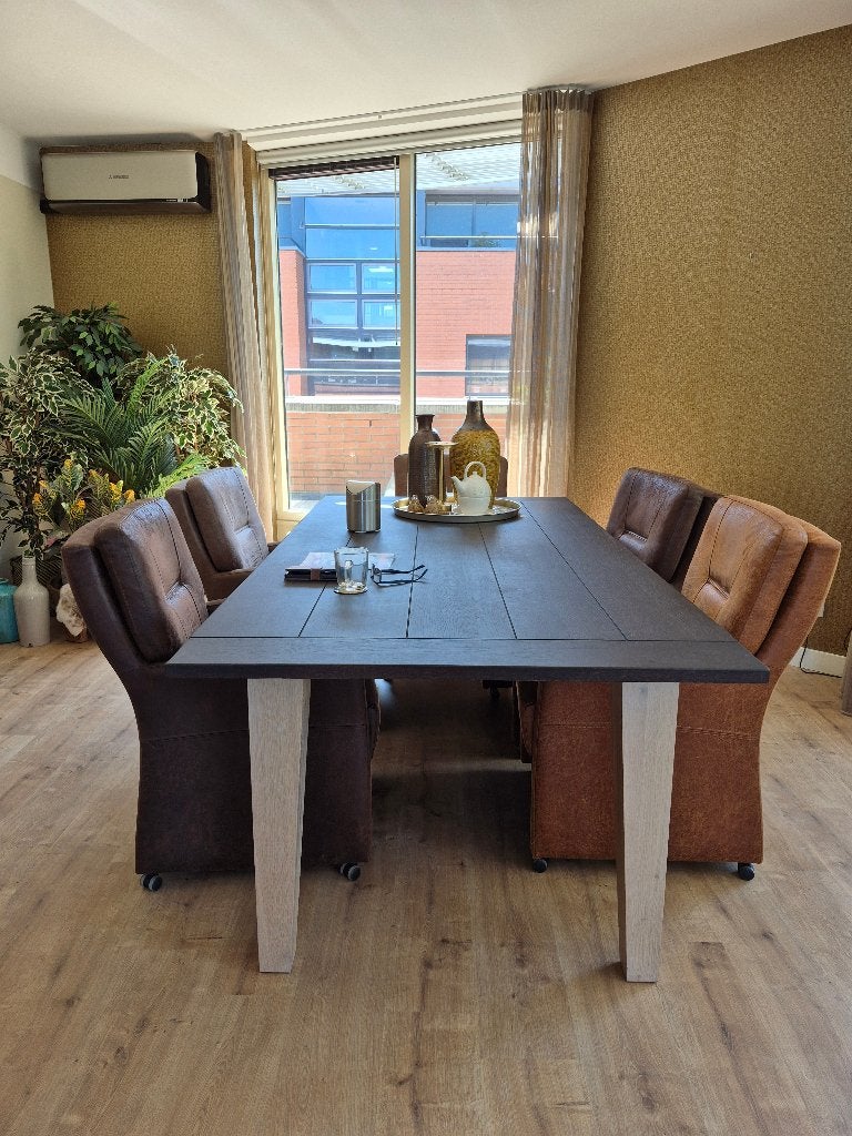 Eiken eettafel met luxe stoelen, Ophalen, Gebruikt, Bruin, Stof