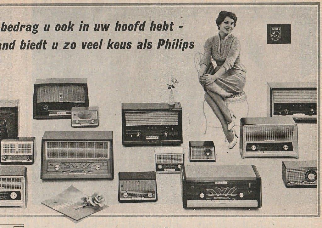 retro reclame 1958 Philips grote radio keuzes jaren 50, Verzamelen, Verzenden, Overige typen