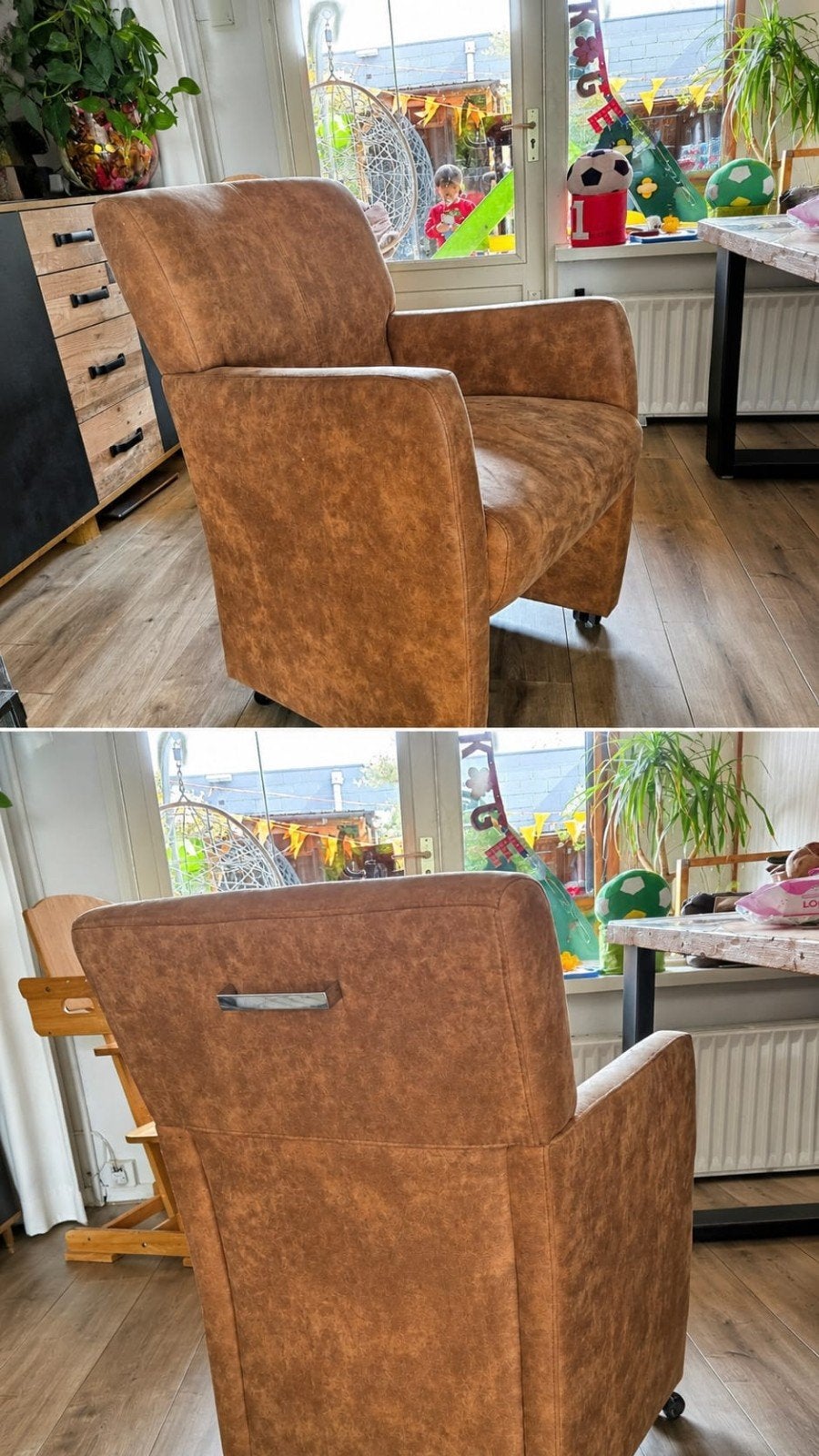 Eetkamerstoel Divani Preston cognac bruin met wieltjes, Ophalen of Verzenden, Zo goed als nieuw, Bruin, Eén