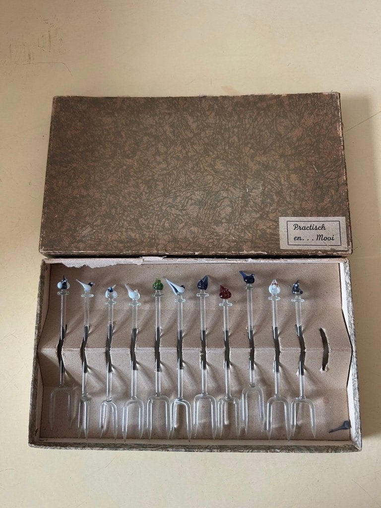 Vintage glazen cocktailprikkers vogels in doos - 11 stuks, Antiek en Kunst, Ophalen of Verzenden