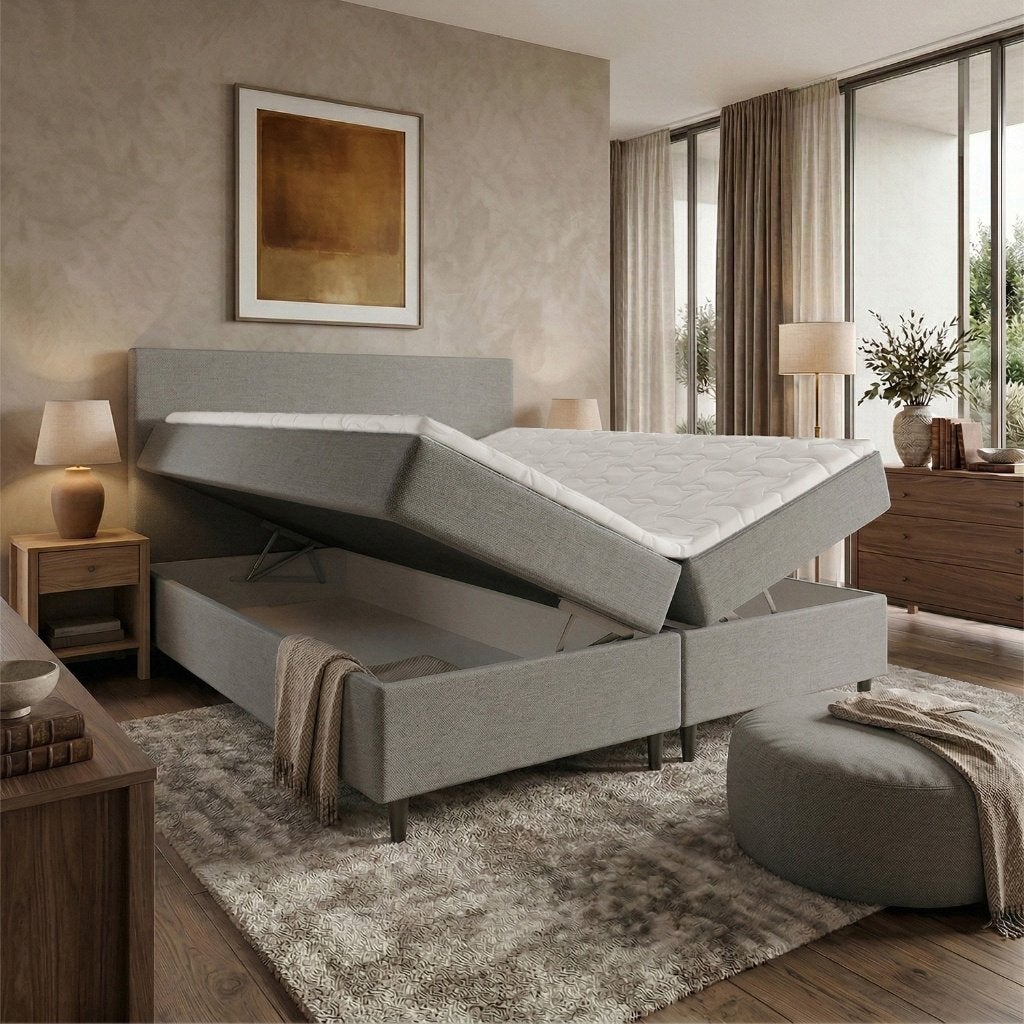 ACTIE Opbergboxspring 180 x 200 - GRIJS | 25 cm opberg, Stijlvolle opbergboxspring geschikt voor iedere slaapkamer, Ophalen of Verzenden