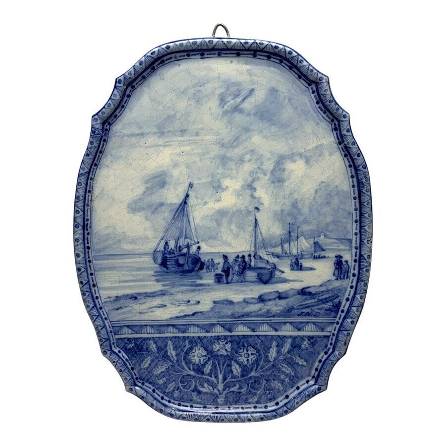 19e eeuwse aardewerken plaquette met bomschuiten, Ophalen of Verzenden