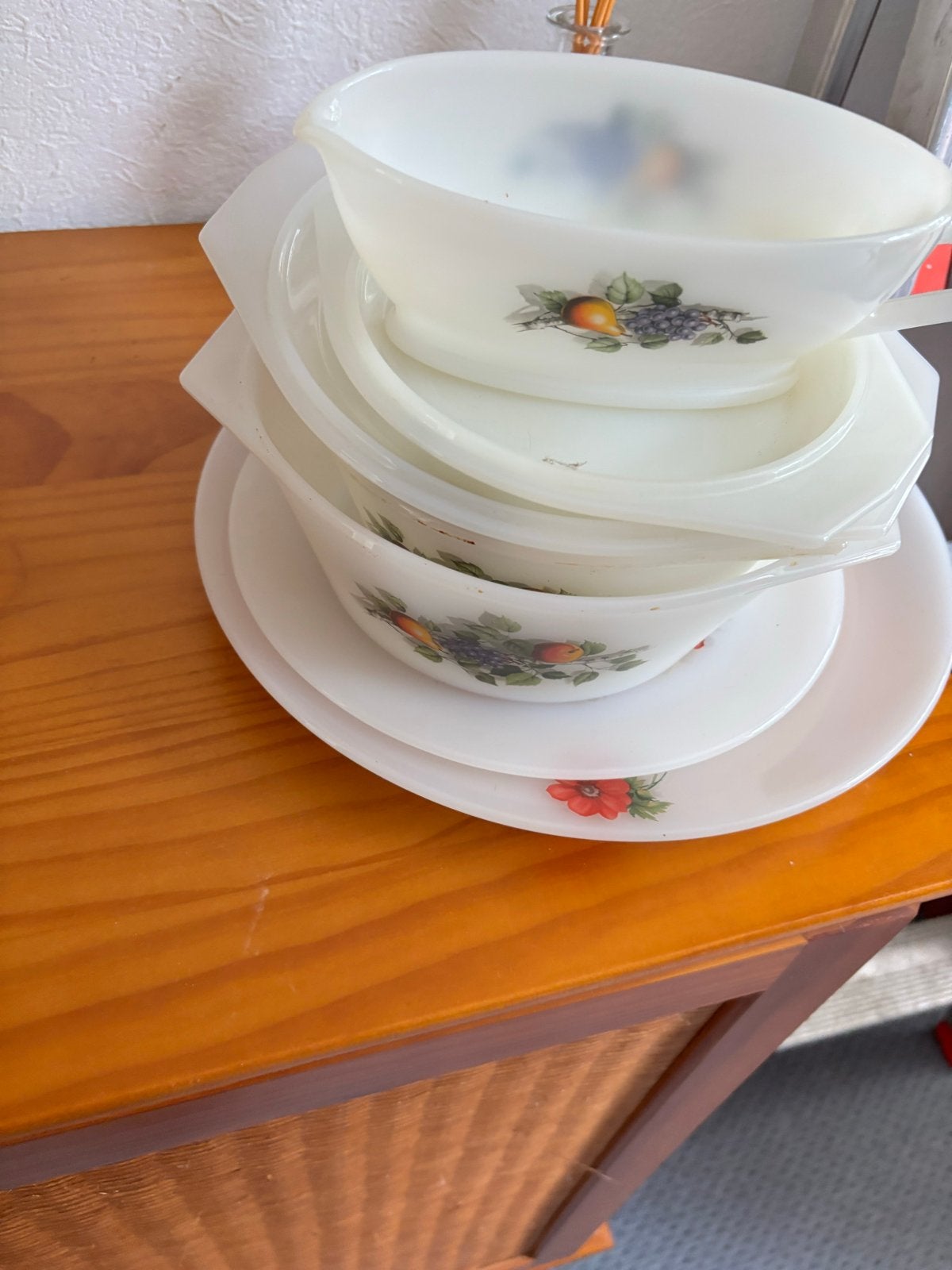 Vintage Pyrex schalen set met fruitdecor, Ophalen of Verzenden
