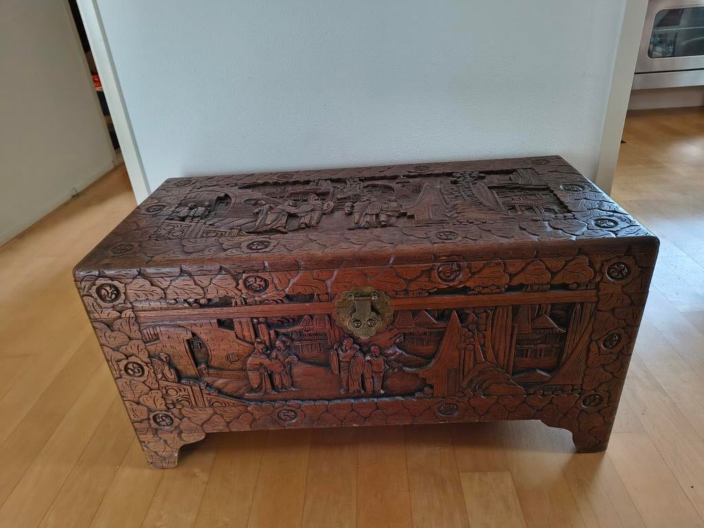Antieke Chinese Kamferhouten Kist met Handgesneden Motieven, Huis en Inrichting, Woonaccessoires | Kisten, Minder dan 50 cm, Minder dan 50 cm