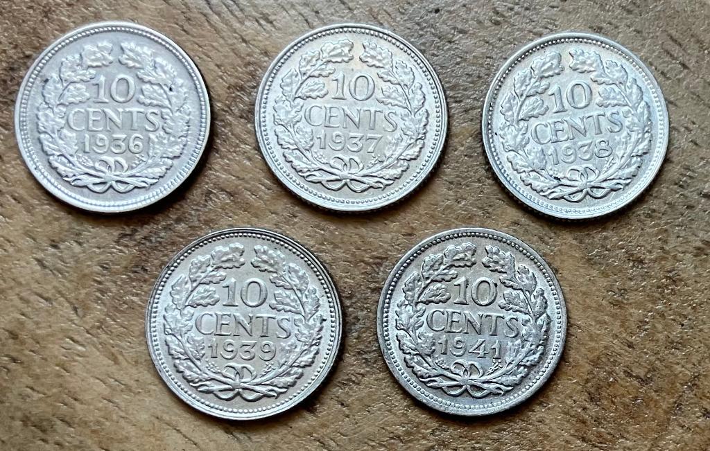 10 cent 1936, 1937, 1938, 1939 en 1941 Wilhelmina, Ophalen, Setje, Zilver, 10 cent