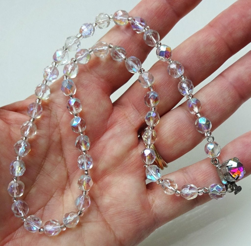 Jaren '50 Aurora Borealis kristallen kralen ketting, Ophalen of Verzenden, Overige materialen, Ketting