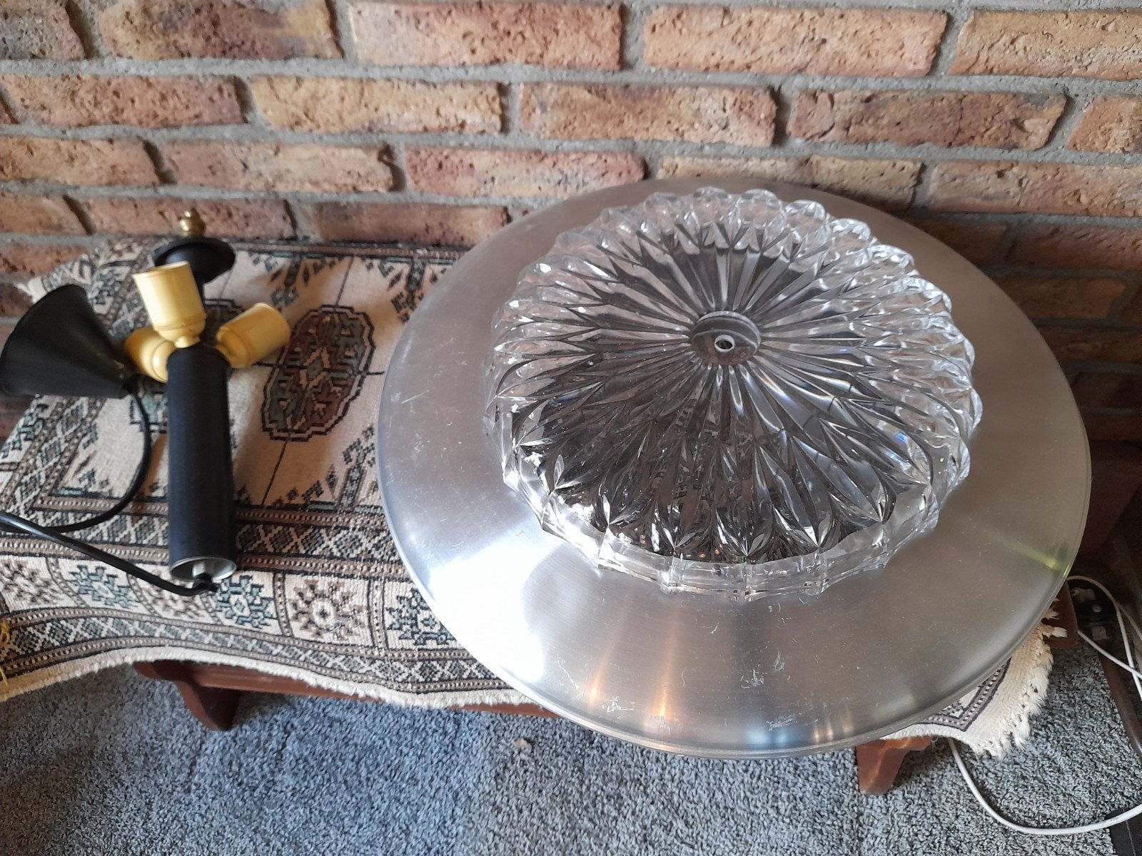 Vintage plafond hanglamp lamp met 3 fittingen en glazen kap, Ophalen, Gebruikt
