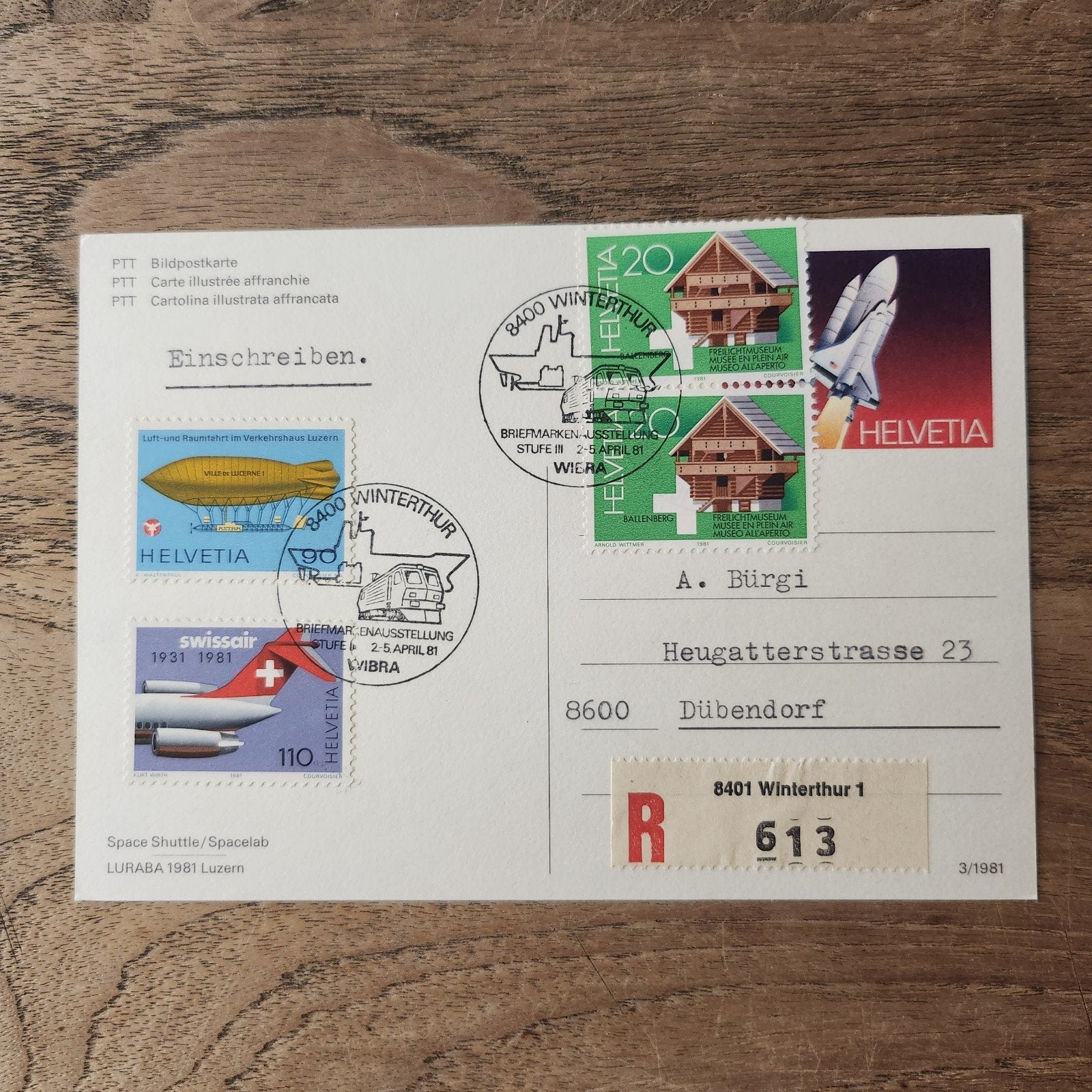 Zwitserse luchtvaart postkaart met stempels (1981), Verzenden, 1980 tot heden