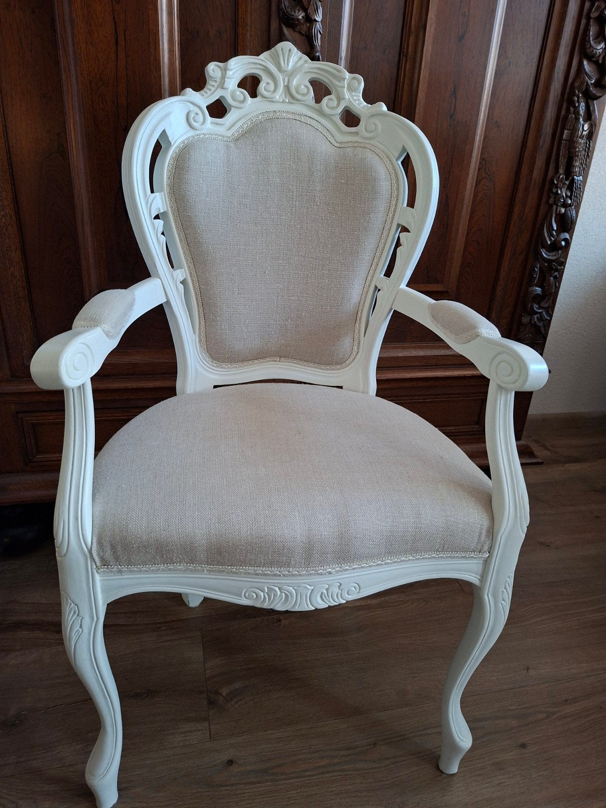 Elegante Barok Fauteuil - Crème Wit met Linnen Bekleding, Ophalen