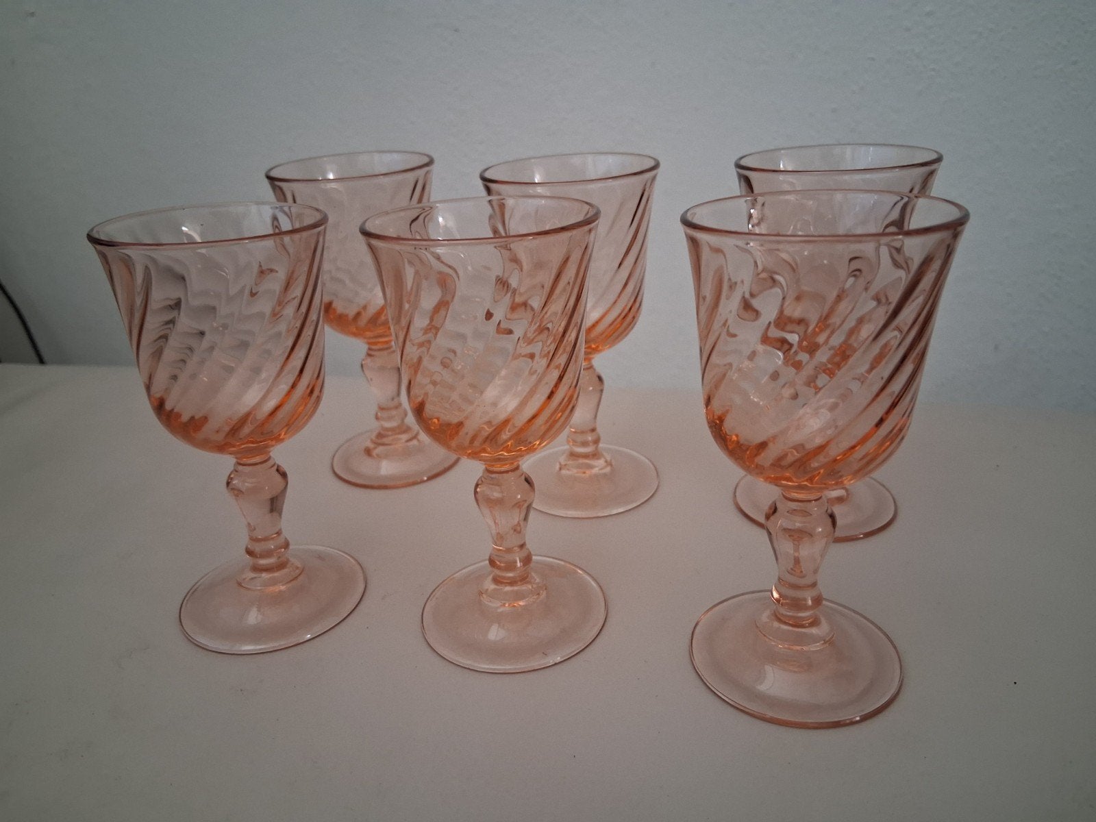 Set van 6 vintage Luminarc Rosaline pink swirl, Ophalen of Verzenden, Zo goed als nieuw, Borrel- of Shotglas