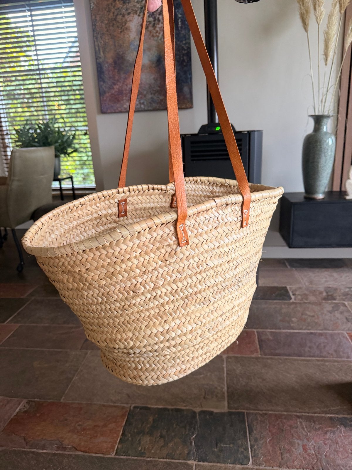 Gevlochten rieten tas met leren hengsels, Ophalen of Verzenden, Zo goed als nieuw, Beige, Shopper