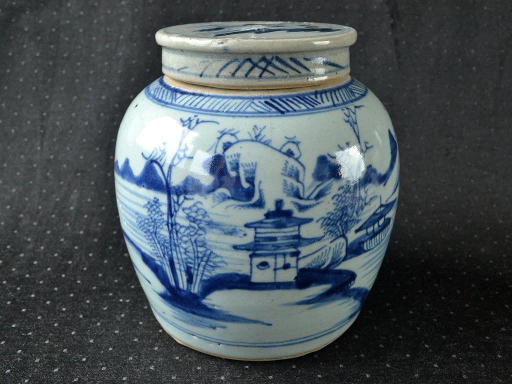 Antieke Chinese Gemberpot met blauw landschap – China, Qing, Ophalen of Verzenden