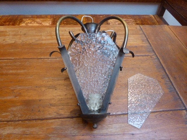 Art deco hanglamp, koper en glas, Ophalen of Verzenden