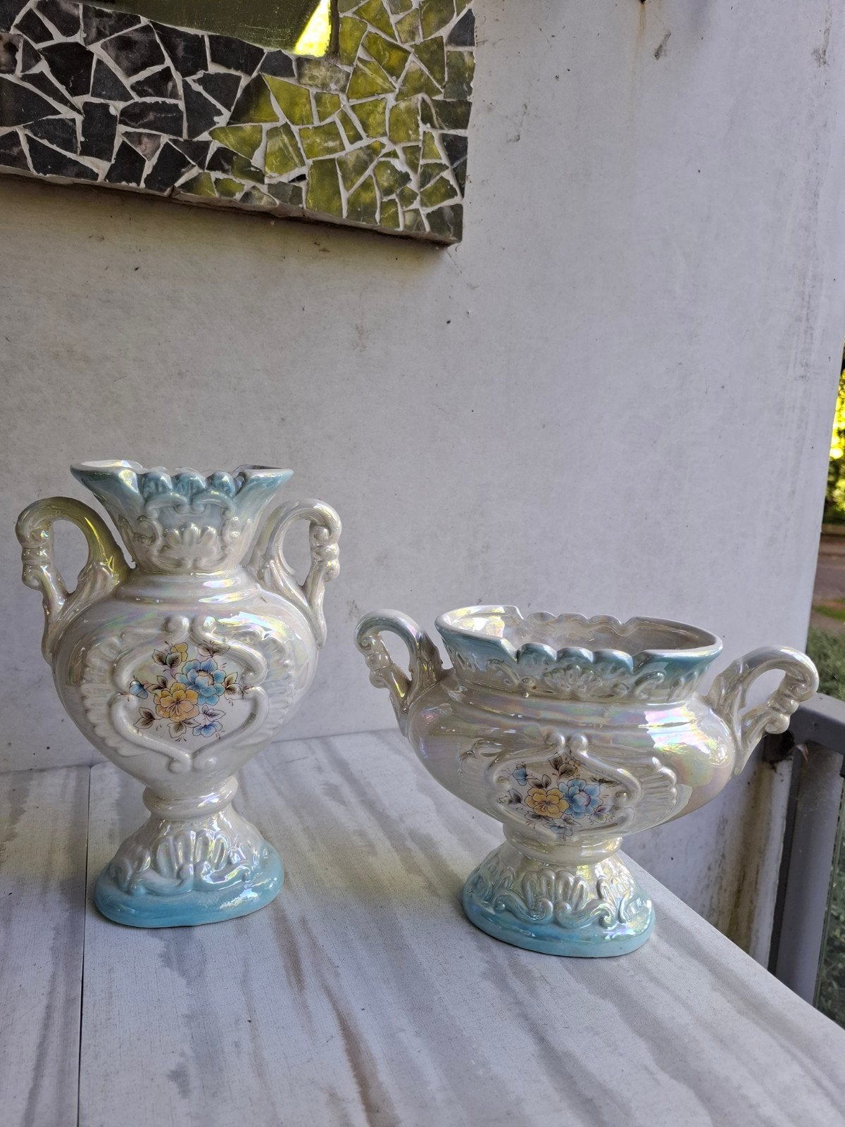 Vintage Italiaanse Iridescent vaas met handvatten, Ophalen of Verzenden, Zo goed als nieuw, Blauw