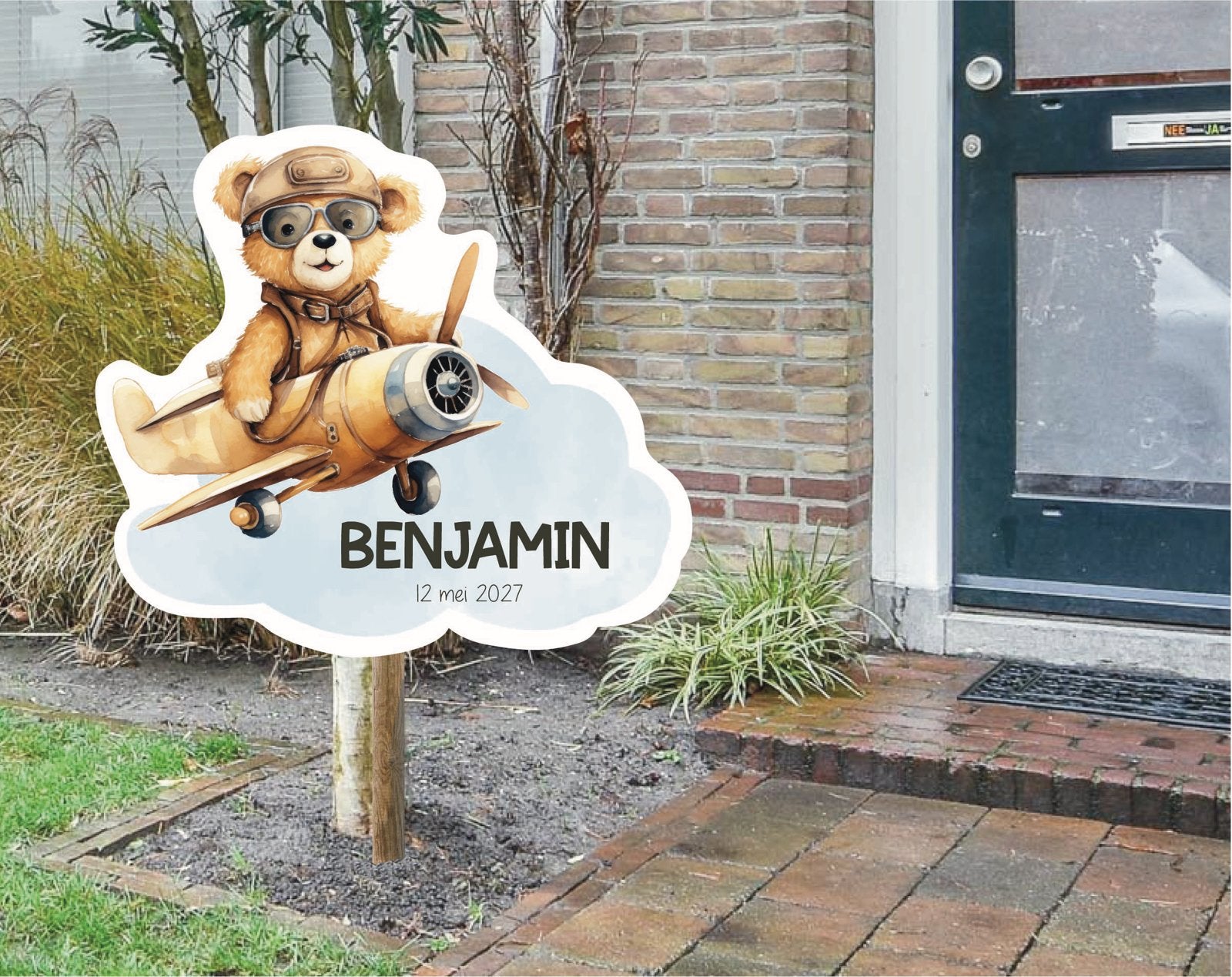 Geboortebord Raambord Raamsticker Vintage Vliegtuig Beer, Ophalen of Verzenden, Nieuw, Geboortebord