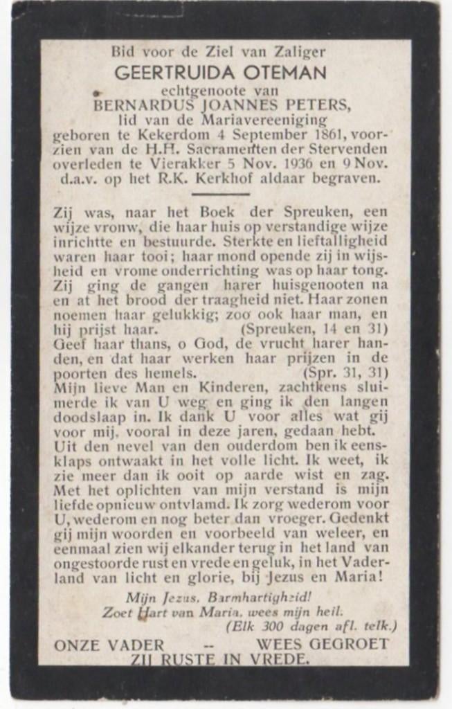 Geertruida Oteman 1861 Kekerdom + 1936 Vierakker,  75 jaar, Verzenden