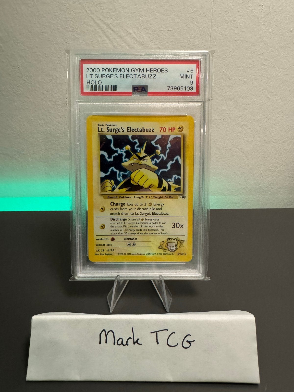 Lt. Surge's Electabuzz Holo 6/132 PSA 9 MINT Gym Heroes #6, Ophalen of Verzenden, Zo goed als nieuw, Losse kaart, Foil