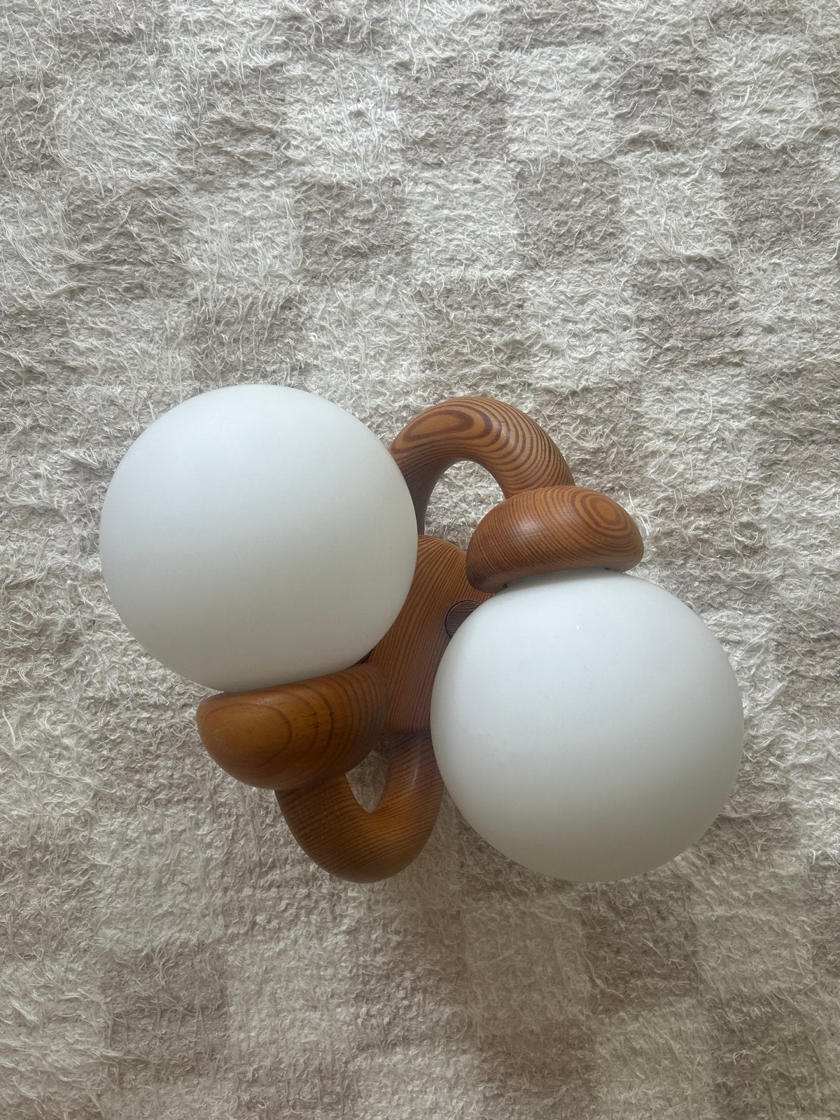 MCM Vintage houten wandlamp met twee glazen bollen, Ophalen, Gebruikt, Bruin, Overige fittingen
