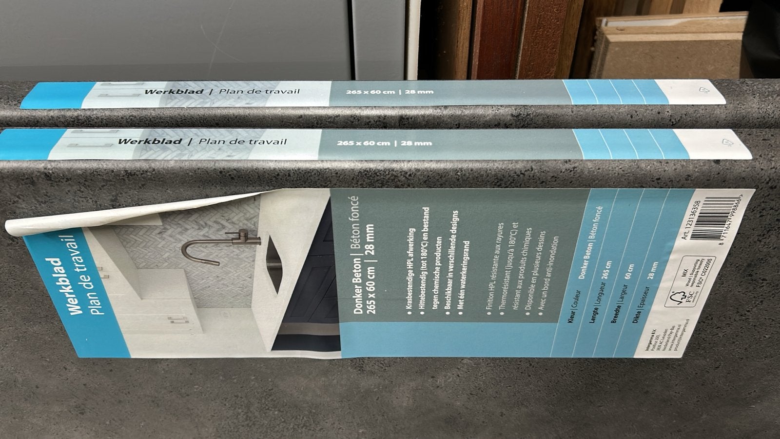 2x Werkblad Donker Beton 60 cm 28mm, Ophalen, 25 tot 50 mm, Overige typen, Nieuw